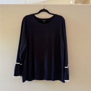 Talbots Navy Blue Lightweight Sweater with White Trim and Pleated Detailed Cuffs